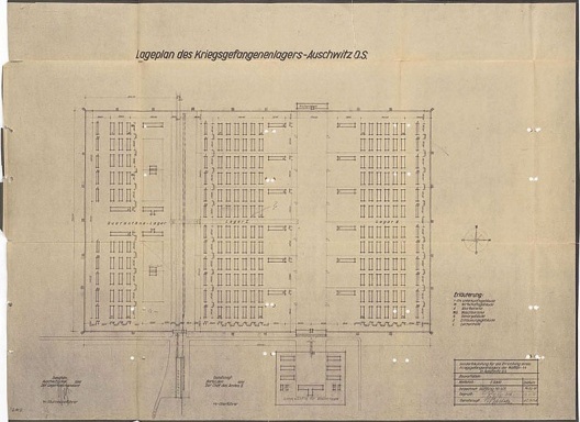 Cópia heliográfica do campo de concentração Birkenau, de outubro de 1941. Desenho de Alfred Przibelski, prisioneiro polonês nº 471<br />Iad Vashem Archives  [Site de divulgação da exposição]