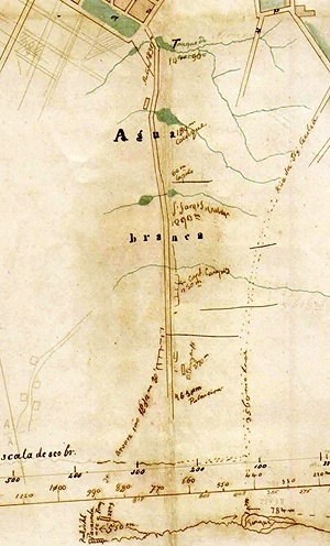 Detalhe do Mappa da Imperial Cidade de São Paulo, de Carlos Rath, 1855, mostrando as vertentes d’água da região oeste (Água Branca)