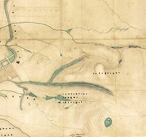 Detalhe do Mappa da Imperial Cidade de São Paulo, de Carlos Rath, 1855, mostrando as vertentes d’água das região sul, onde se encontrava o Tanque Municipal da cidade