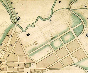 Detalhe do Mappa de Carlos Rath de 1855, com a localização do parcelamento dos terrenos da Santa Casa