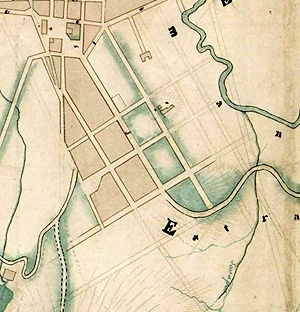 Detalhe do mapa da cidade de São Paulo, de Carlos Rath de 1855, mostrando a região da Glória. Neste mapa aparece assinalado o traçado das ruas elaborado por Carlos Rath e que daria ao bairro a sua futura configuração

