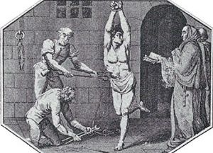 A punição pelo suplício do corpo – imagem de um processo de tortura pela inquisição espanhola em 1700 (imagem de domínio público) [Wikimedia Commons; Disponível em: <commons.wikimedia.org> Acesso em 29 de set. 2007]