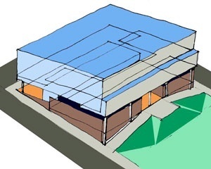 Figura 16 - Paço Municipal de Jahu. Esquema volumétrico externo mostrando a composição interna de pisos em níveis alternados [desenho do autor]