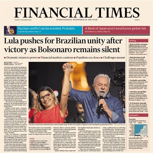 Manchetes de jornais brasileiros e estrangeiros no dia 2 de janeiro de 2023 destacam a posse de Lula ocorrida no dia anterior<br />Imagem divulgação  [Financial Times]