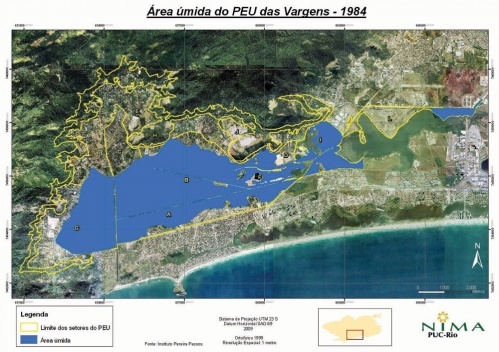 Figura 4. Redução das áreas úmidas (brejos e matas riparianas) na Baixada de Jacarepaguá no período de 1984 a 1999 [IPP (1999)]