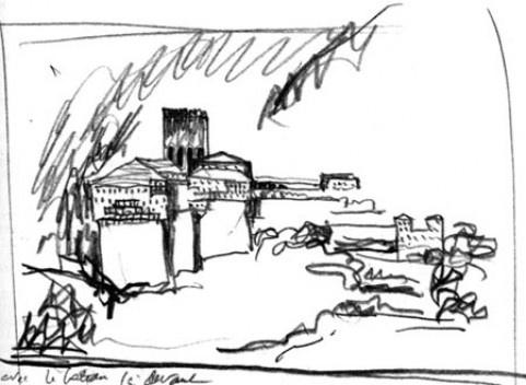 Mosteiro Agiou Dionísio, Monte Atos<br />Desenho Le Corbusier  [CORBUSIER, Le. A viagem do Oriente. São Paulo, Cosac Naify, 2007, p.163]