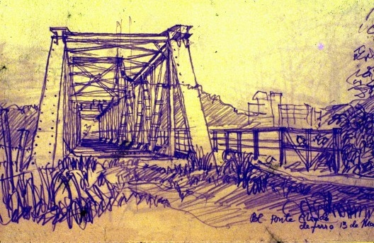 Desenho de Hans Broos da antiga ponte ferroviária de Blumenau, na época abandonada [Arquivo Hans Broos]