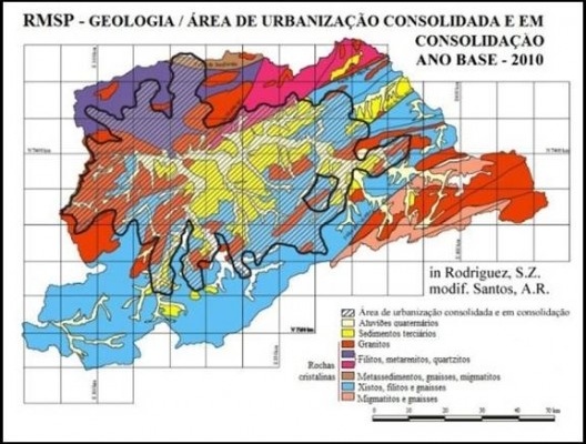 RMSP - Geologia / área de urbanização consolidada e em consolidação. Ano base - 2010 (ver nota 3)<br />ARSantos sobre mapa geológico editado por Rodriguez, S.K. 