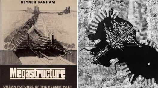 Capa do livro <i>Megastructure: Urban future of the recente past</i> e imagem do projeto de Kenzo Tange para a expansão da Baía de Tóquio, 1960, publicada no livro<br />Imagem divulgação  [Reyner Banham, <i>Megastructure: Urban future of the recente past</i>]