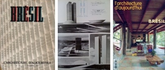 Capas e miolo de edições da revista francesa L'Architecture d'Aujourd'Hui sobre o Brasil