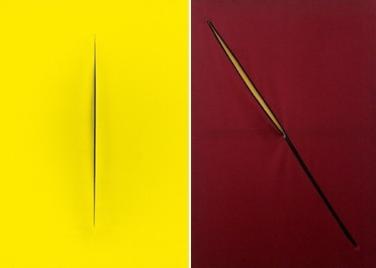À esquerda, <i>Concetto Spaziale</i>, de Lucio Fontana; à direita, <i>Homenagem a Fontana</i>, de Nelson Leirner<br />Foto divulgação  [Frickr, Creative Commons]