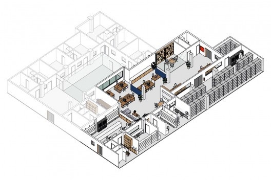 Isometric view of the long-term project for the pharmacy at the University Hospital of USP, São Paulo SP<br />Drawing by Luíza Carneiro de Oliveira 