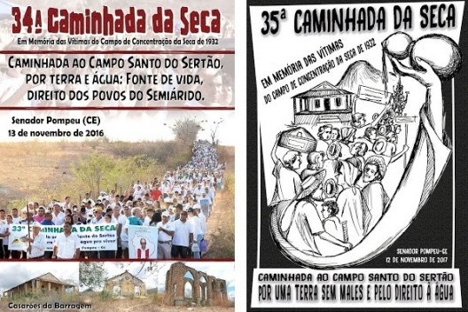 Cartazes da 34ae 35aCaminha da Seca realizadas em 2016 e 2017 em Senador Pompeu CE<br />Imagem divulgação  [Blog CDDH-AC Luta pela vida contra a violência]