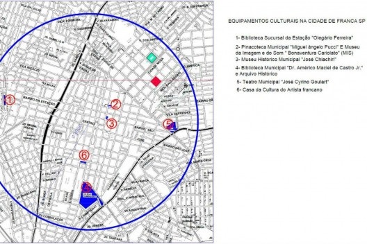 Mapa com a localização dos equipamentos culturais mantidos pela Prefeitura da cidade de Franca<br />Mauro Ferreira e Danielle David 