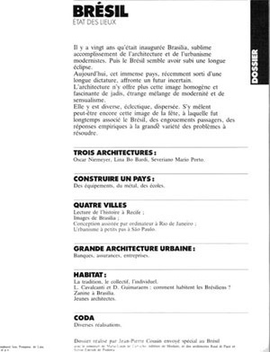 Índice da Architecture d’Aujourd’hui. Nº 257 - edição monográfica sobre a arquitetura brasileira. Junho, 1987.