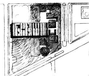 Louis Kahn, croqui da implantação do Museu de Arte Kimbell, Fort Worth, 1966-72 [The Architectural Archives of the University of Pennsylvania]