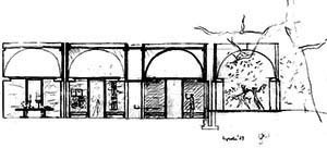Louis Kahn, croqui da elevação, Fleisher House, Elkins Park, 1959. Projeto não construído [The Architectural Archives of the University of Pennsylvania]