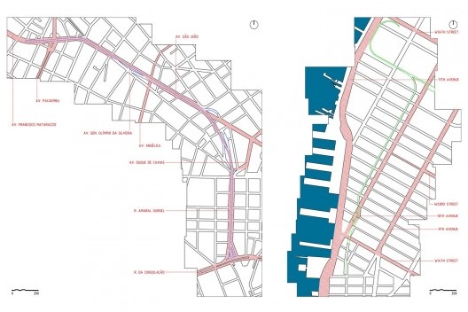 Diagrama. Principais vias sobrepostas e do entorno, em vermelho. Elevado (à esquerda) e High Line (à direita)<br />Desenho Ana Carolina Ferreira Mendes 