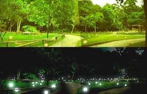 Esférica, vista geral do platô intermediário do parque, com as esféricas de dia e à noite