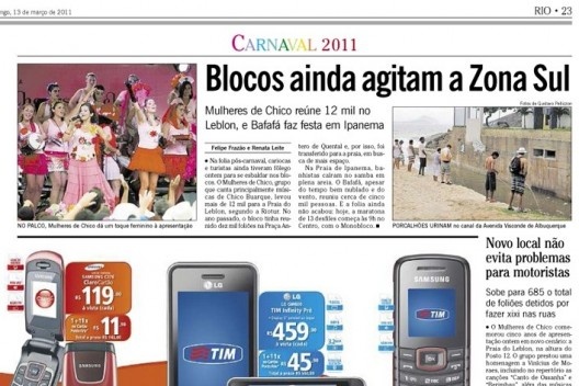 Jornal O Globo, trecho de página, 13 de março de 2011
