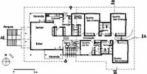 SOS Children’s Village Amazonas family-house plan. Note the fractured and elongated floor plan design, which maximizes exposure for ventilation. Also note the use of architectural elements that attenuates climate conditions, such as the pergola, the veran<br />Desenho Mirian Keiko Ito Rovo 